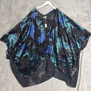 World Market Velvet Burnout Kimono OS Black Blue Gypsy Whimsigoth Boho